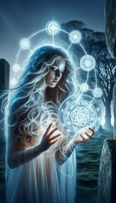 Woman Summoning Energy in Stone Circle at Night
