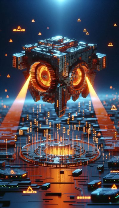 AI core hovering above data platform with streaming digital code