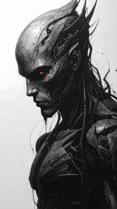 Dark biomechanical creature with glowing orange eyes on white