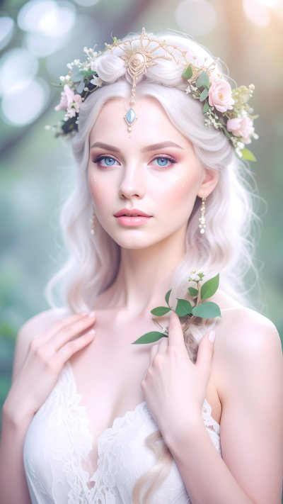 Ethereal blonde woman with floral crown in magical forest
