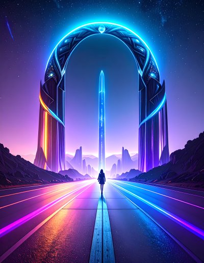 Figure walks toward glowing archway on neon highway under starry sky