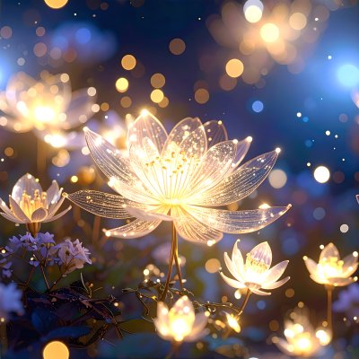 Glowing glass lotus flowers sparkling in magical garden with bokeh