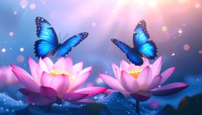 Blue butterflies on pink lotus, wonder & natural beauty.