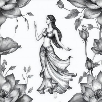 Monochrome sketch of woman in traditional dress dancing w/ lotus fl...