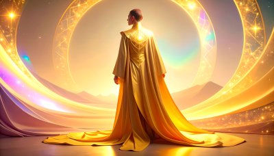 Golden robed figure, cosmic portal, spiritual journey.