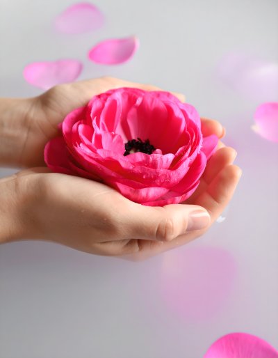 Hands gently cradle pink ranunculus in milky water, evoking serenity.