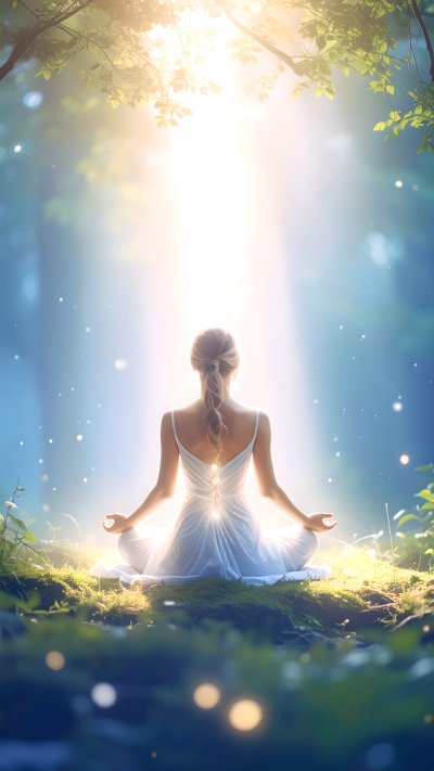 Woman meditating in forest clearing bathed in ethereal light