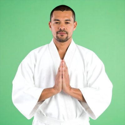 Serene martial artist in white gi on green screen for compositing