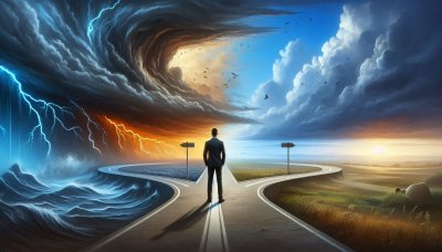 Man at crossroads under stormy and clear skies, decision point