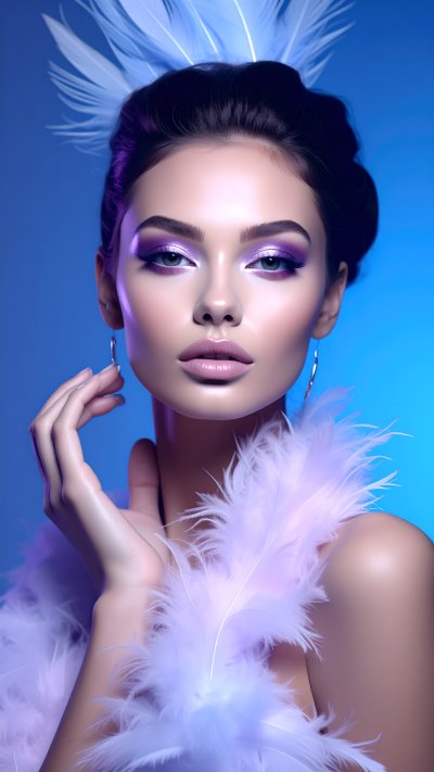 Glamorous woman with purple makeup and white feathers on blue.
