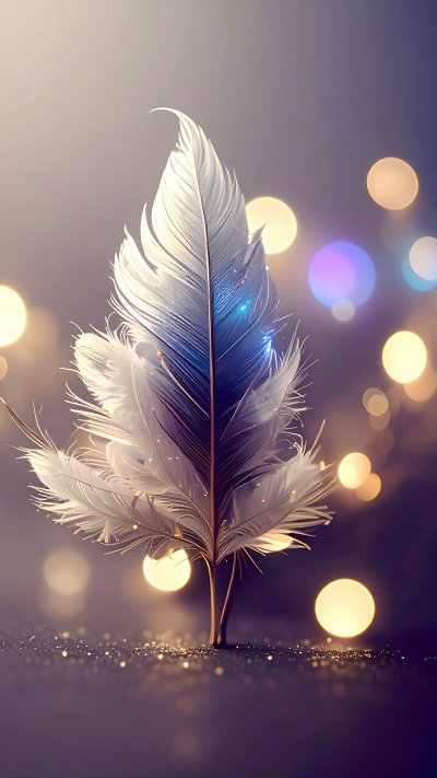 Ethereal feather with blue highlights on glitter and bokeh lights