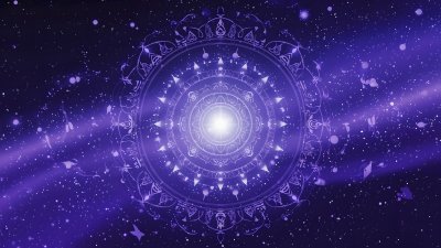 Purple cosmic mandala in nebula, stars inspire wonder.