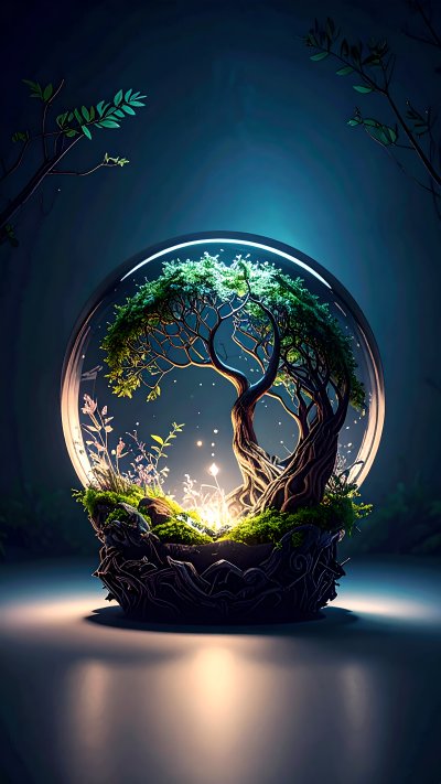 Magical tree in glass sphere with glowing light on dark background