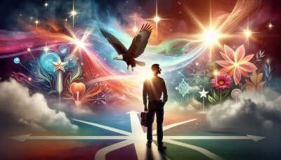 Man at Crossroads with Eagle, Cosmic Landscape of Opportunity & Enligh