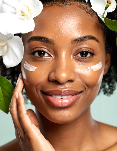 Young woman with orchids and skin cream, promoting natural beauty.