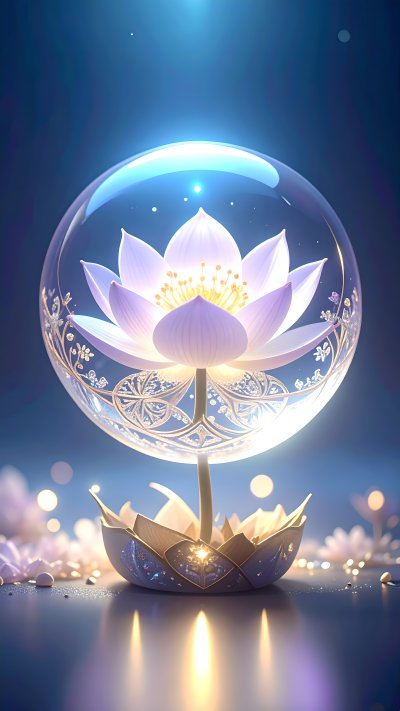 Luminous lotus flower in glass orb on decorative bowl with bokeh.