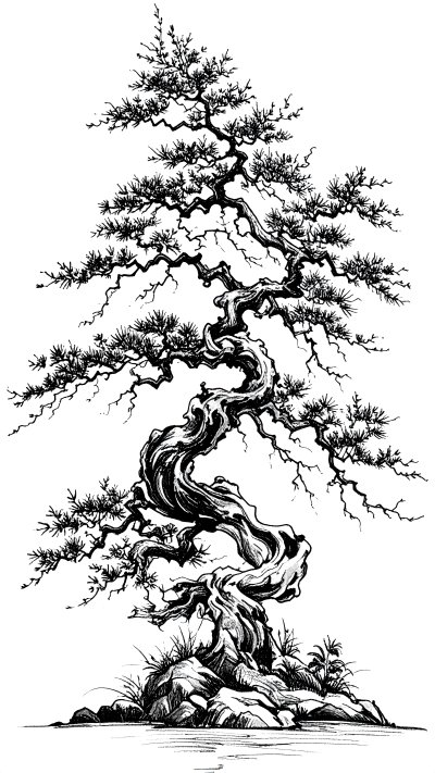 Traditional ink drawing of twisted bonsai tree on rocky base.