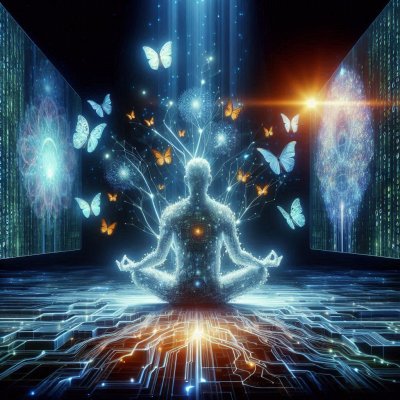 Meditating person with glowing body, neural connections, digital envir