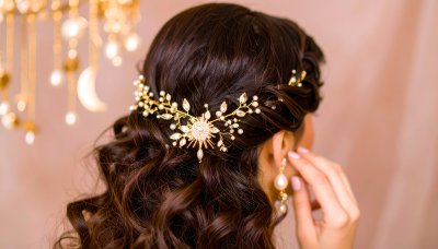 Elegant bride with sparkling gold and pearl hair accessory