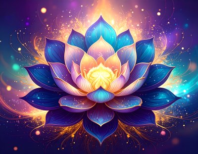 Enchanting lotus flower radiating vibrant blue, purple, and gold hues