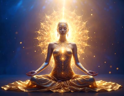 Woman in golden attire meditating with radiant spiritual aura
