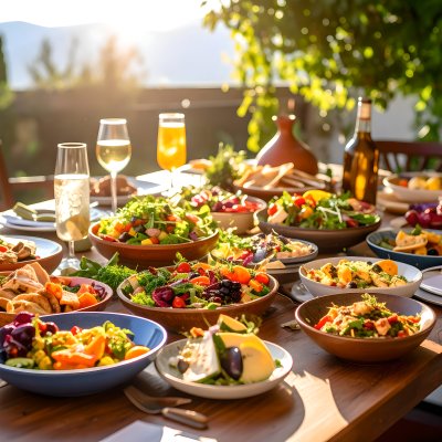 Joyful Outdoor Feast with Salads and Drinks in Golden Sunlight