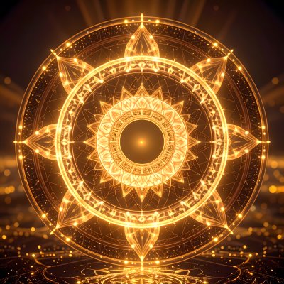 Golden mandala, intricate light, evoking wonder.