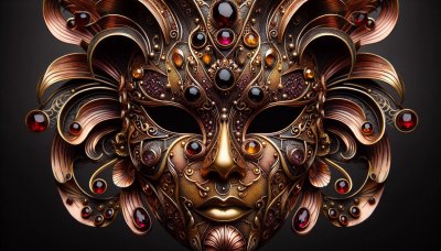 Ornate Golden and Bronze Mask with Jewels on Black Background