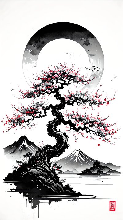 Japanese ink painting of bonsai tree w/ red flowers & moon over water