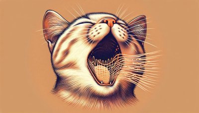 Yawning cat illustration with detailed fur on tan background