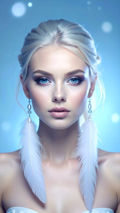 Portrait of ethereal woman w/ blonde hair, blue eyes, feathered ear...