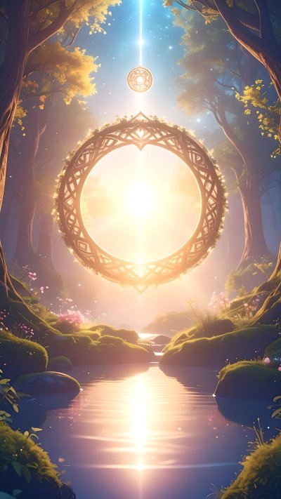 Glowing ornate ring portal in magical fantasy forest with stream