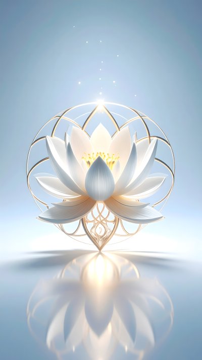 Glowing white lotus in golden geometric structure with reflection