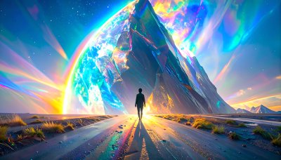 Figure walks towards radiant crystal planet, inspiring wonder