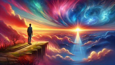 Figure on cliff overlooking path to light, illustration of hope and tr