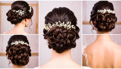 Elegant bridal updo with pearl and crystal hairpiece