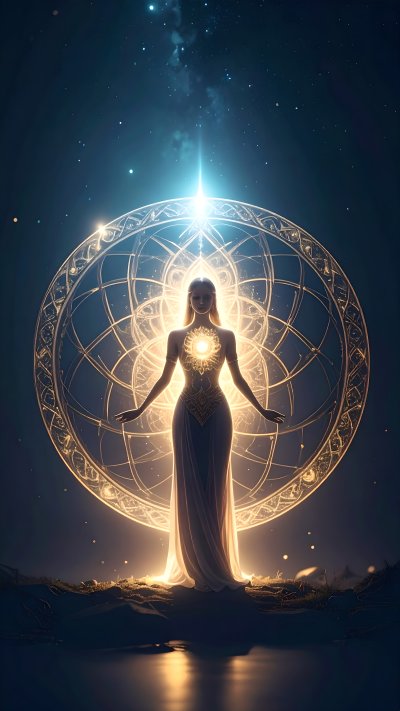 Luminous figure before cosmic mandala under starry sky