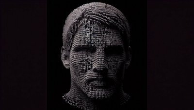 Human head made of text and characters on a dark background