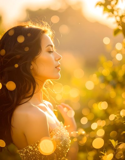 Woman in golden light, serene and wondrous in bokeh-filled nature.