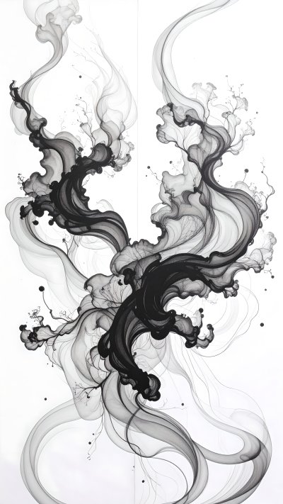 Abstract swirling black ink smoke pattern with organic branching forms