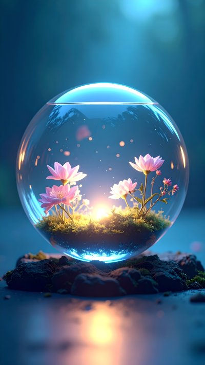 Magical glass sphere terrarium with pink flowers and glowing moss