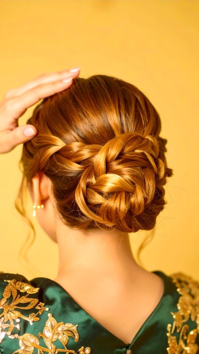 Elegant braided updo, intricate styling, luxurious fabric