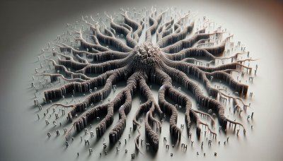 Digital art of roots or tree made of 3D letters and text on grey.