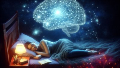 Woman sleeping, brain overlaid with constellations, dream state illust
