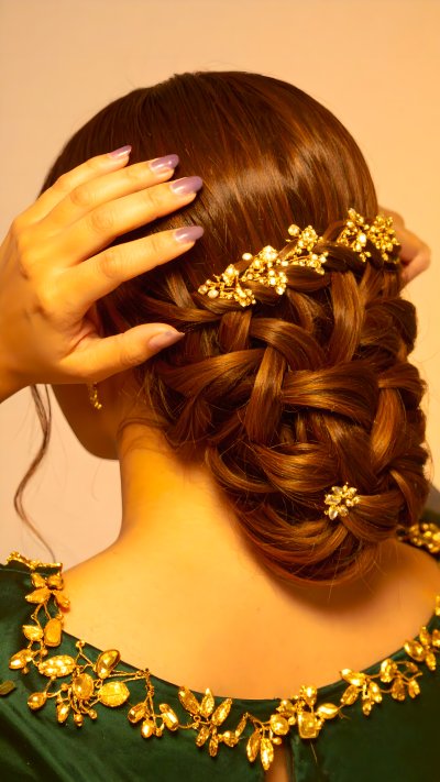 Elegant braided updo with gold floral hair accessories and green dress