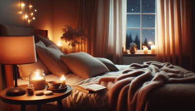 Cozy bedroom scene with warm lighting, candles, snowy night view