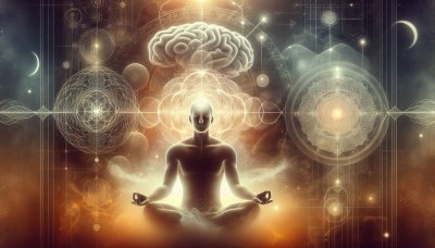Meditating figure with energy flow, surrounded by spiritual and geomet
