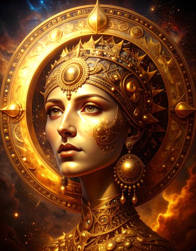 Majestic Golden Empress in Ornate Crown and Cosmic Light