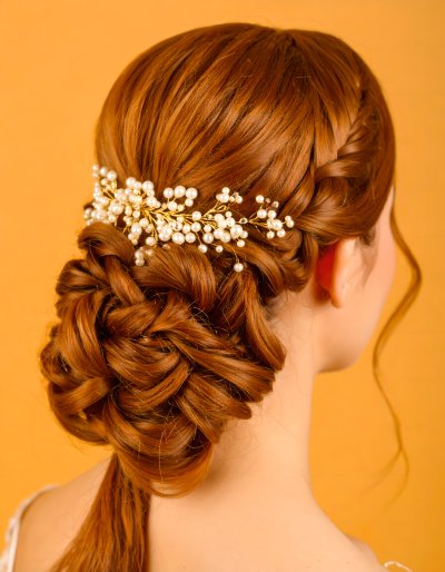 Elegant redhead bride with intricate updo and pearl hairpiece
