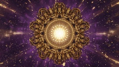 Golden mandala radiating light in cosmic purple nebula